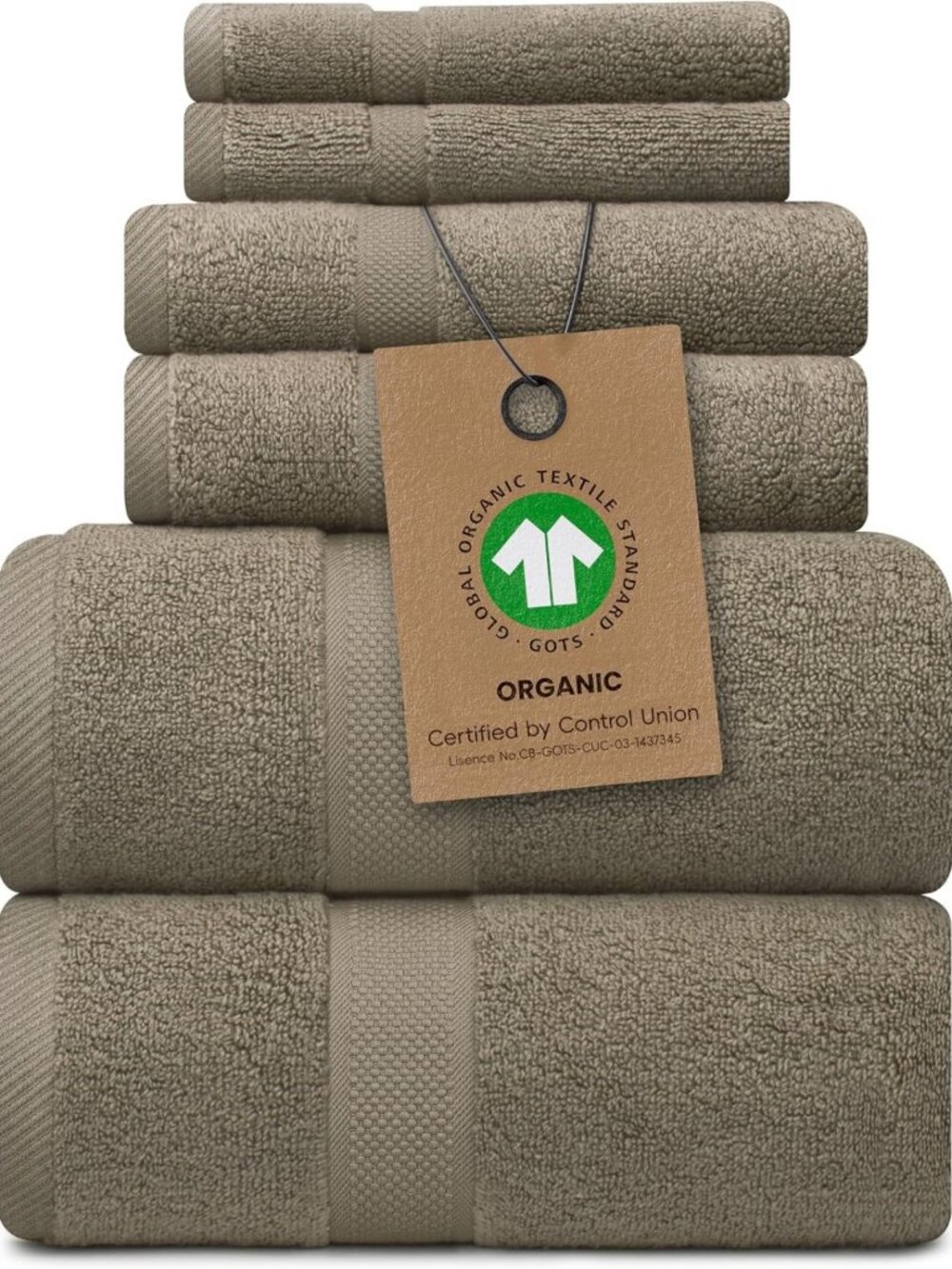 Luxury Organic Cotton Bath Towel Set of 6 - GOTS Certified, Soft Taupe Color